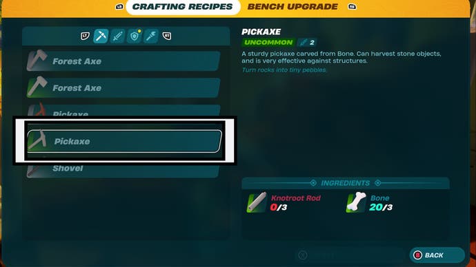 lego fortnite crafting bench menu rare pickaxe recipe highlighted