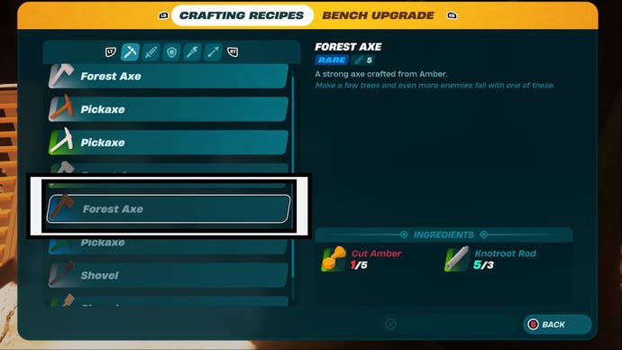 crafting bench lego fortnite rare forest ax crafting recipe highlighted in crafting bench