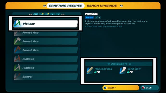 lego fortnite crafting menu rare pickaxe recipe and required materials highlighted
