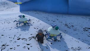 Lego Fortnite Frost Roller: A Lego man in a black cloak is running across a snowy plain, in between two Frost Rollers