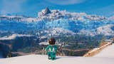 Lego Fortnite main character standing at top of a mountain looking at the frozen biome mountain landscape in the distance.