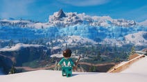 Lego Fortnite main character standing at top of a mountain looking at the frozen biome mountain landscape in the distance.