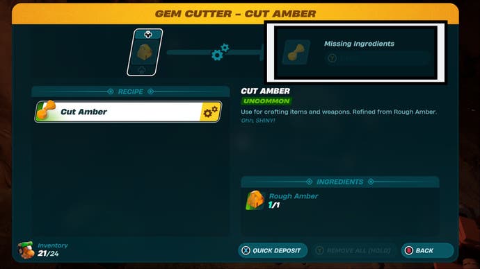 lego fortnite gem cutting machine menu material collection option highlighted