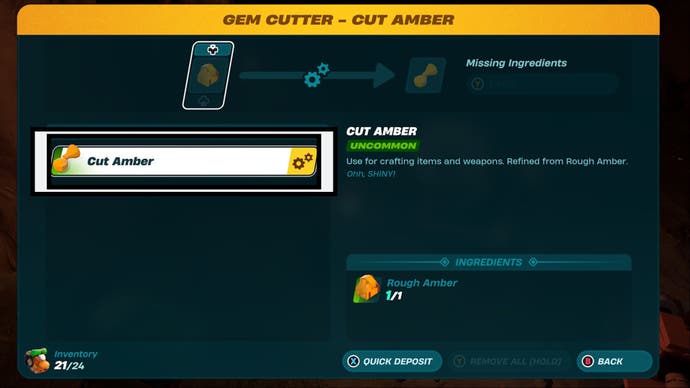 lego fortnite gem cutting machine menu highlighted cut amber recipe