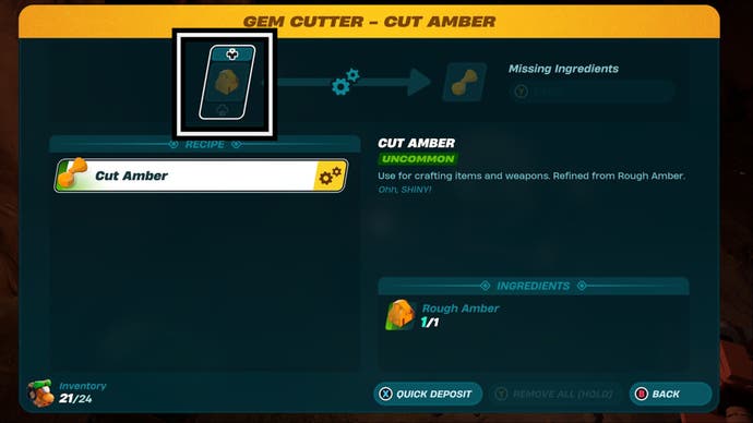 lego fortnite gem cutting machine menu, insert material option highlighted