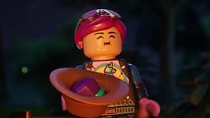 Lego Fortnite glider: A lego woman is sitting near a campfire with a look of satisfaction on her blocky face