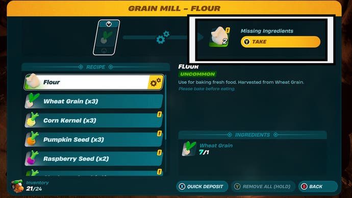 LEGO Fortnite Grain Mill Collects Processed Flour option in highlighted menu
