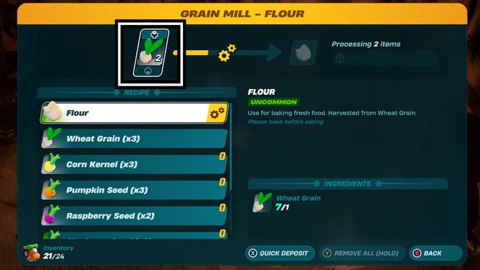 lego fortnite grain mill input wheat grain for flour recipe option highlighted