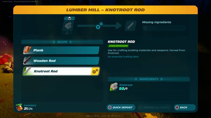 The lumber mill menu in LEGO Fortnite refining Knotroot into rods