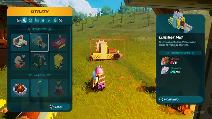 Power Chord placing a lumber mill for crafting planks in LEGO Fortnite
