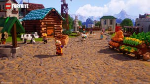 Lego Fortnite balloon: A group of Lego villagers is gathering in the middle of a village square with crafting resources in hand
