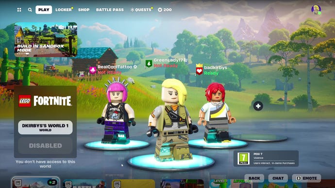 A trio of LEGO characters ready up to join a world server together in Fortnite.