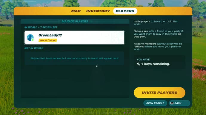 The Players menu in LEGO Fortnite, which you can use to invite others to join your game.