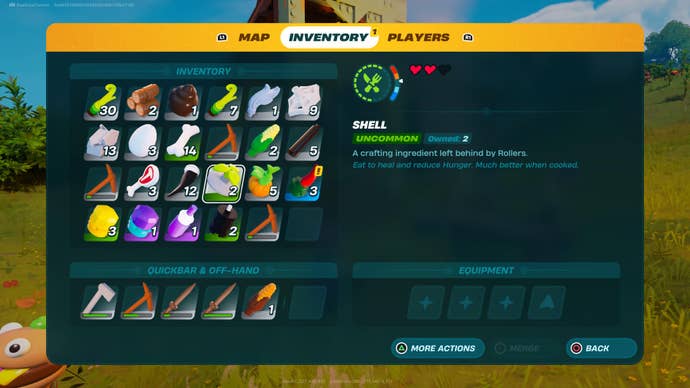 The inventory menu in LEGO Fortnite showing Shell