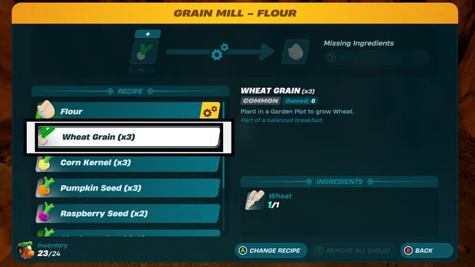 lego fortnite wheat grain recipe highlighted in grain mill menu