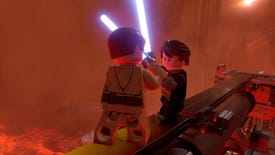Lego Anakin and Obi-Wan Kenobi duel on Mustafar in Lego Star Wars The Skywalker Saga