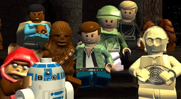 Han, Chewbacca, C3-P0, R2-D2, Lando, Luke, Wicket, and Leia all pose for the camera.