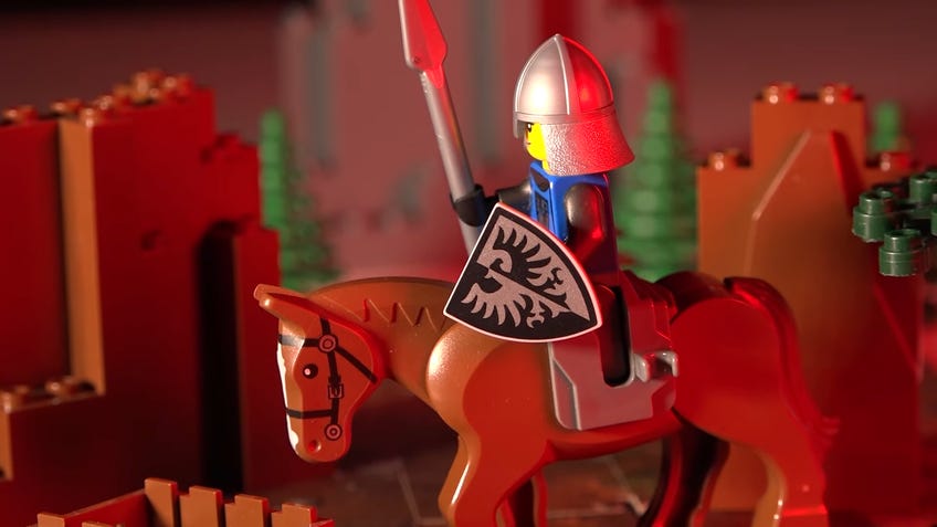 A screenshot of the LEGO tabletop miniatures Dicebreaker video.