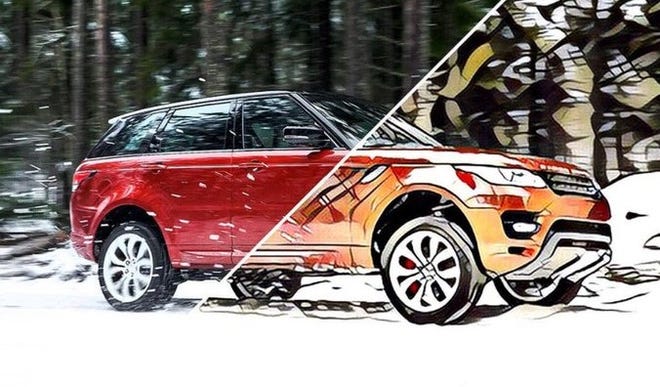 An advertising image featuring a land rover photograph half done in an ai style