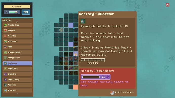 The research tree in Let's Build A Zoo. It is previewing the upgrade for an abattoir with the description reading "turn live animals into dead animals - the best way to get meat quickly."