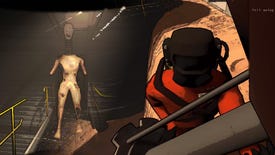 Screenshot of the player and Coil-Head monster in Lethal Company