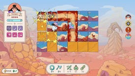A warrior punches adjoining tile cards in a desert scene in Let's! Revolution!