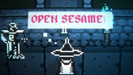 A wizard faces away from the player and shouts Open Sesame in Leximan