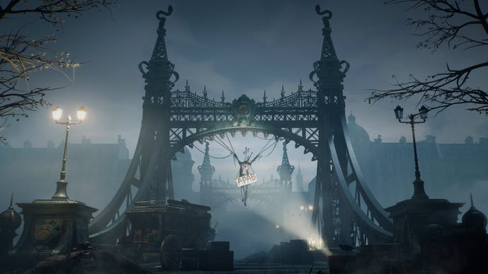 Lies Of P artwork showing an automaton strung up on a bridge with an "APAB" sign hanging from a candelabra in its neckhole.