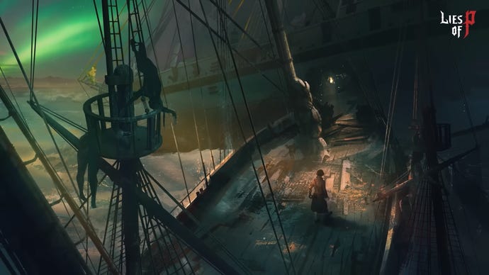 Illustration teasée pour le premier DLC de Lies of P, montrant un bateau en bois naviguant sur l'eau