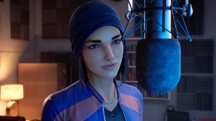 Steph approaches the microphone in her radio DJ booth, in a screenshot from Life Is Strange: True Colors - Wavelengths DLC.