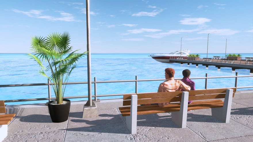 A couple look out over the sea from a bench on a pier in the LIFE sim series.