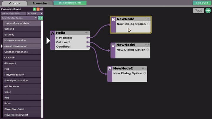 Life By You screen showing the interface for creating a dialog tree.