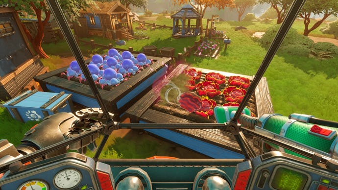 A mech harvests their crops in Lightyear Frontier