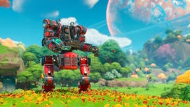 A red mech stands in a flowery field with a large planet visible in the background in Lightyear Frontier