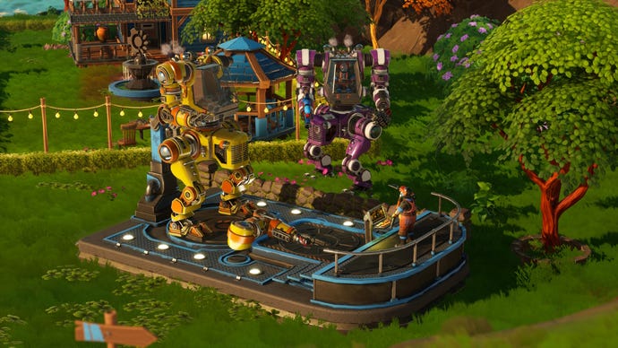 A human customises their mech on a docking port while another mech looks on in Lightyear Frontier