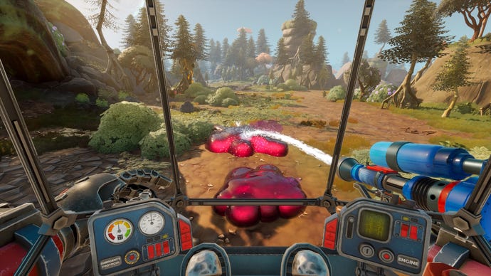 A mech cleans away noxious pink slime in Lightyear Frontier