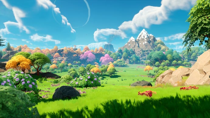 A lush grassy plain and forest scene in Lightyear Frontier