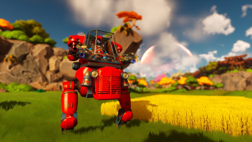 A screenshot of Lightyear Frontier showing a red mech standing in a field next to a square of yellow crops.