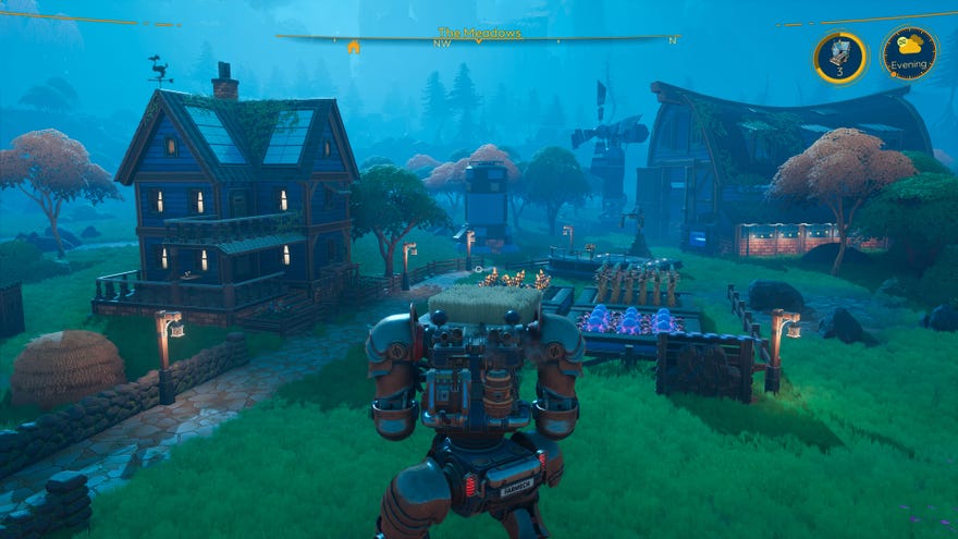 A mech overlooks a town of buildings in space farming sim Lightyear Frontier