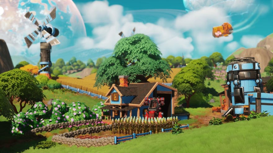An idyllic wide shot of a small farm in Lightyear Frontier, with a little house and a strange alien crop growing in front of it