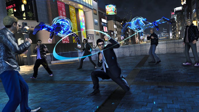 Kazuma Kiryu, undercover as a spy, whips a group of enemies in the street in Like A Dragon Garden: The Man Who Erased His Name