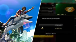 Ichiban Kasuga riding a dolphin opposite the golden underpants in Like A Dragon: Infinite Wealth.