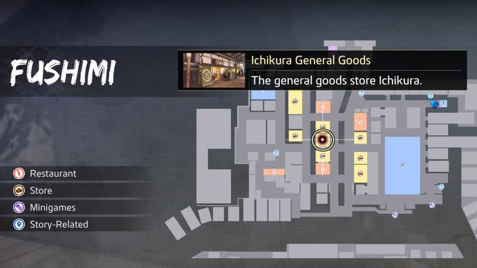 like a dragon ishin ichikura general store marked on fushimi map