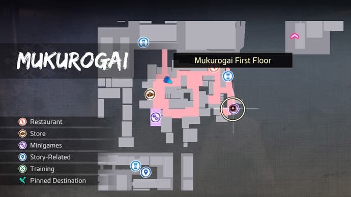 Like a Dragon Ishin, the Koma River Fishing spot in Mukurogai has been circled on the map.