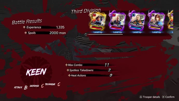 A post-fight screen showing EXP, combat rating, and a bunch of Trooper Cards having levelled up in Like A Dragon Ishin!