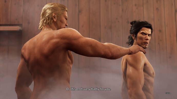 Screenshot from Like a Dragon: Ishin in bathhouse