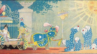 Illustrated panel from Little Nemo featuring Little Nemo in a carraige and people in blue dotted outfits and a large smiling sun