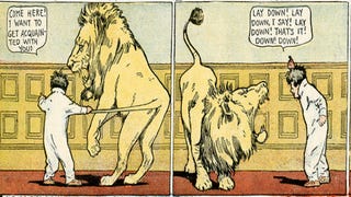Two illustrated comics panels featuring Little Nemo pulling on a Lion's tail