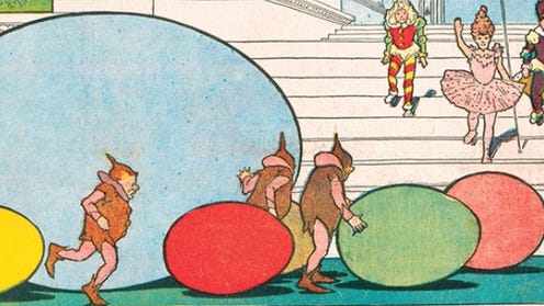 Cropped Little Nemo article featuring people wearing hats and large colored eggs