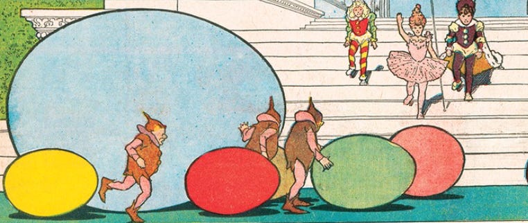 Cropped Little Nemo article featuring people wearing hats and large colored eggs